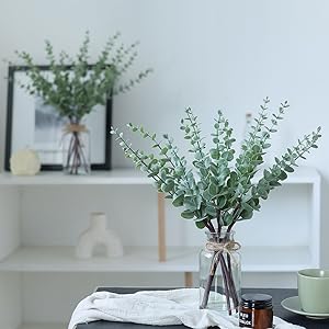 17.5" Artificial Eucalyptus Stems in Glass Vase with Faux Water,Fake Plant Eucalyptus Leaves White Seeds for Centerpiece Table Decorations Farmhouse Wedding Home Greenery Decor (Sage Green)