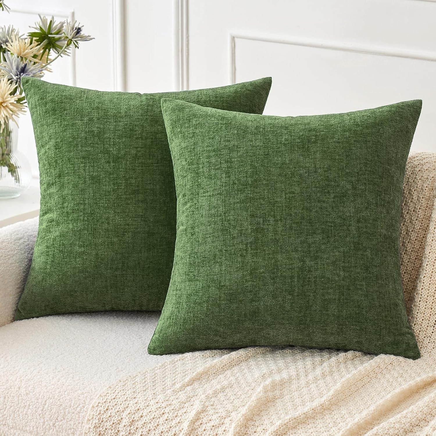 MIULEE Pack of 2 Couch Throw Pillow Covers 18x18 Inch Spring Soft Sage Green Chenille Pillow Covers for Sofa Living Room Solid Dyed Pillow Cases