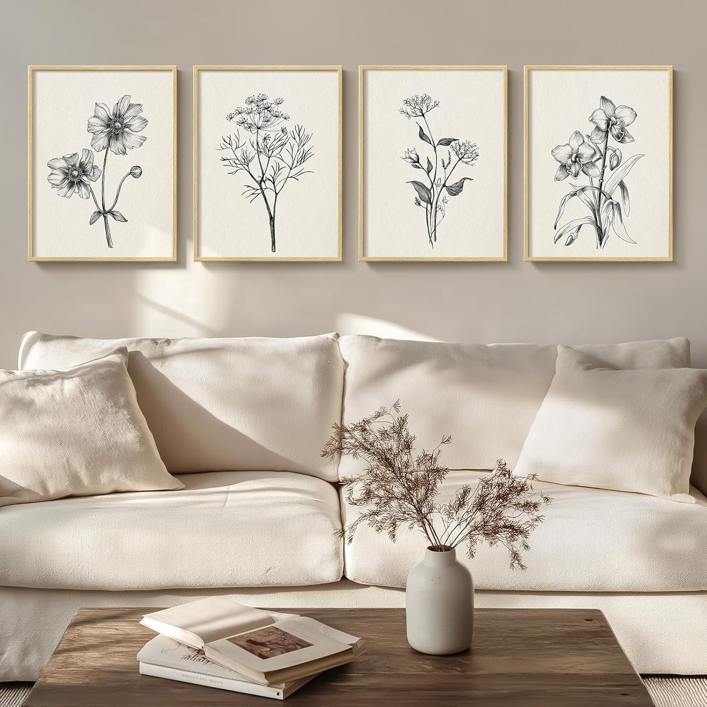 Framed Vintage Botanical Wall Art Bedroom, 4 Piece Rustic Farmhouse Floral Canvas Prints Artwork, Neutral Flower Butterfly Pictures for Modern Farmhouse Living Room Kitchen Bathroom Wall Decor, 11x14