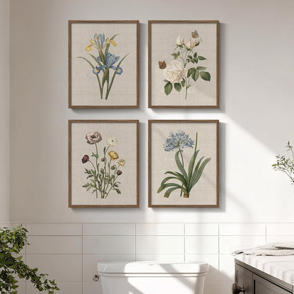 Framed Vintage Botanical Wall Art Bedroom, 4 Piece Rustic Farmhouse Floral Canvas Prints Artwork, Neutral Flower Butterfly Pictures for Modern Farmhouse Living Room Kitchen Bathroom Wall Decor, 11x14