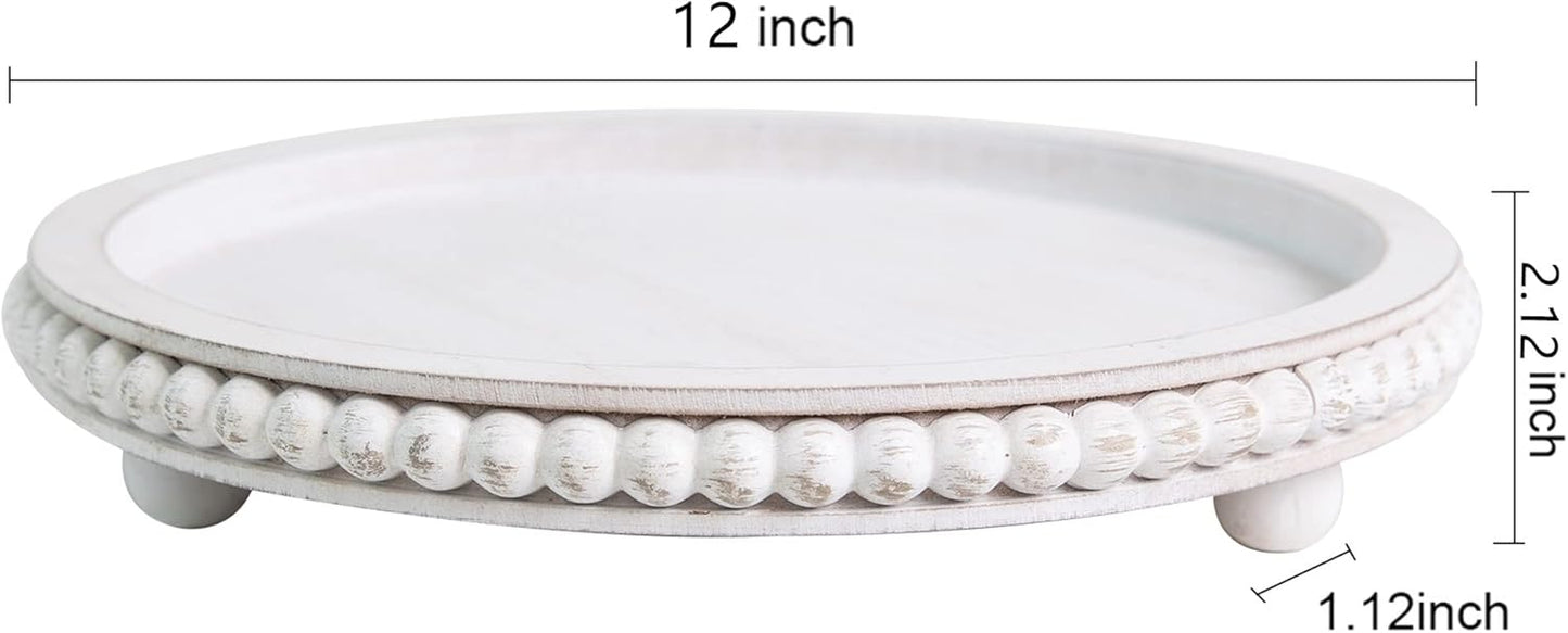 12in Round Wood Tray - White, Distressed, Farmhouse Rustic - Decorative Tray for Living Room, Coffee Table, Kitchen Table or Farmhouse Serving Tray