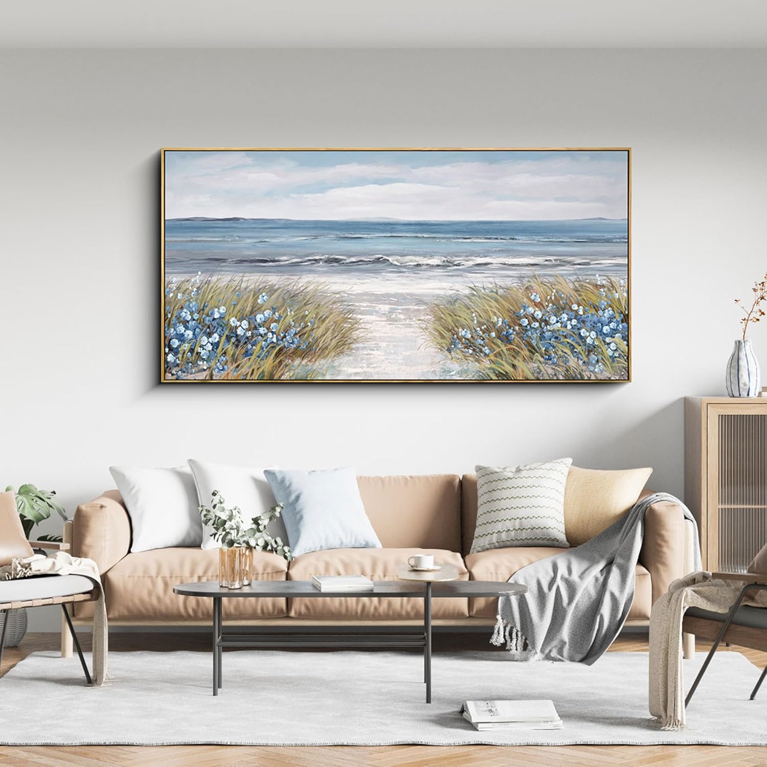 Framed Wall Art for Living Room Decor - Farmhouse Boho Beach Coastal Vintage Floral Ocean Wall Picture Flowers Sea Canvas Print Seascape Artwork for Home Living Room Bedroom Office 24x48