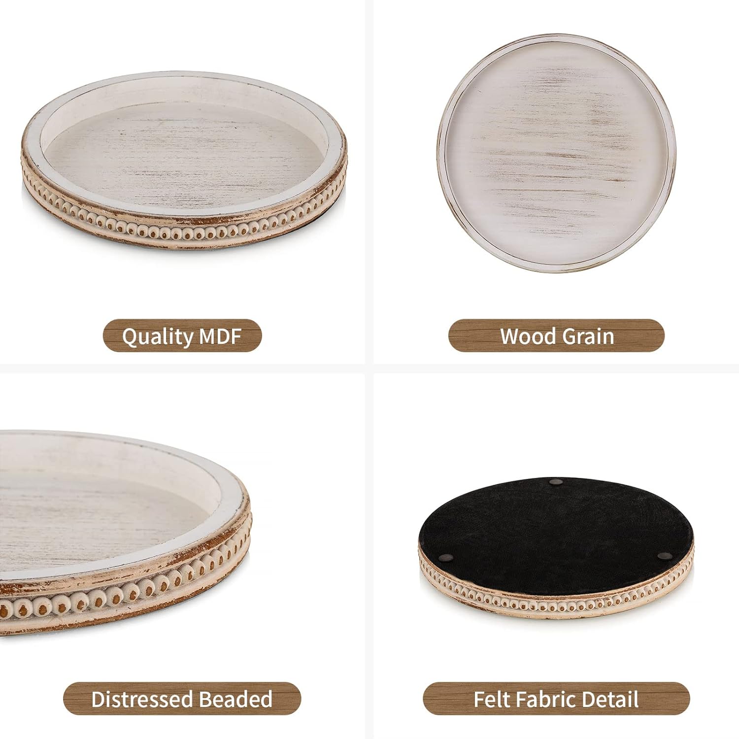 Round Wooden Decorative Tray: White Washed Bead Tray Decor for Coffee Table Centerpiece Rustic Farmhouse Tray for Kitchen Counter Living Room Decoration