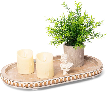 12in Round Wood Tray - White, Distressed, Farmhouse Rustic - Decorative Tray for Living Room, Coffee Table, Kitchen Table or Farmhouse Serving Tray