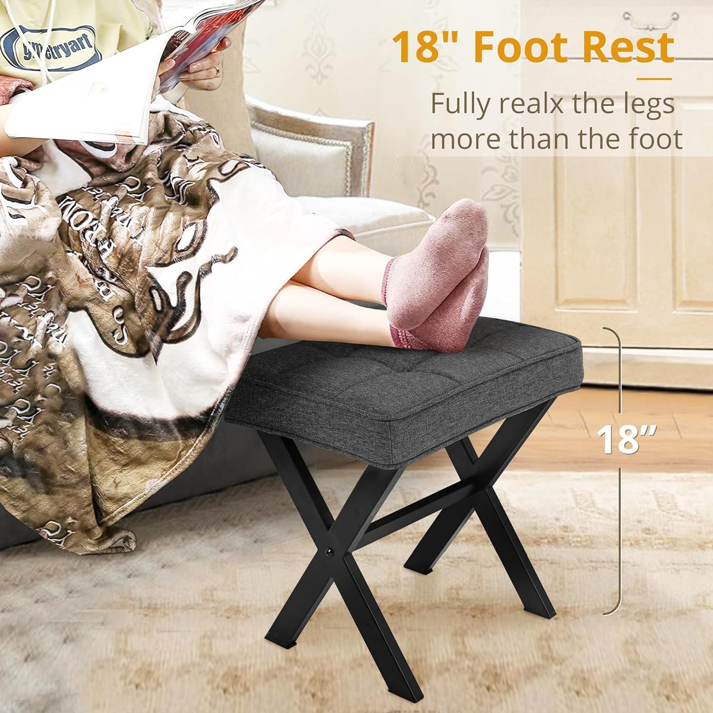 Vanity Stool, Square Linen Makeup Stool with Metal X Legs, Small Ottoman Stool Chair for Vanity, Modern Padded Vanity Seat Foot Rest Stool for Makeup Room, Living Room, Bathroom, Carbon Gray