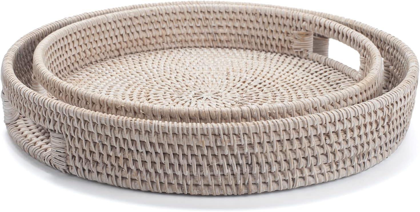 13.8 inch Round Rattan Tray, Decorative Coffee Table Tray, Ottoman Tray, Woven Serving Tray with Handles, Wicker Serving Basket, Whitewash