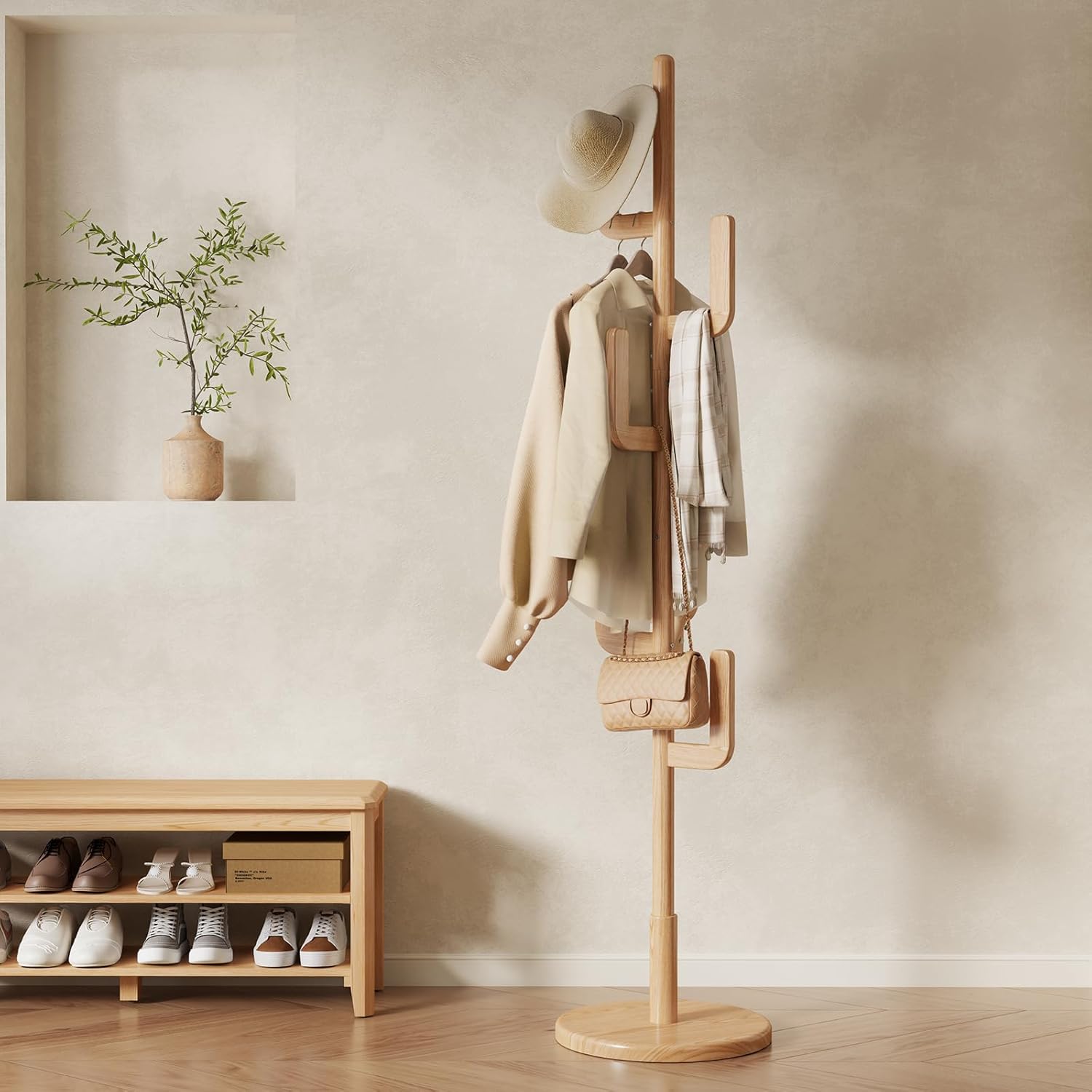 Solid Wood Cactus Coat Rack, Freestanding Coat Rack With 6 L-Shaped Hooks and 3 Adjustable Sizes, Coat Tree for Bedroom, Entryway, Livingroom, Coat Hanger Stand for Coats, Handbags (Walnut)
