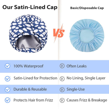 Luxury Shower Cap for Women Reusable Waterproof, Double Layered Shower Hair Cap with Adjustable Elastic Strap, Large Satin Lined Shower Bath Cap for Long Curly Straight Hair, Blue