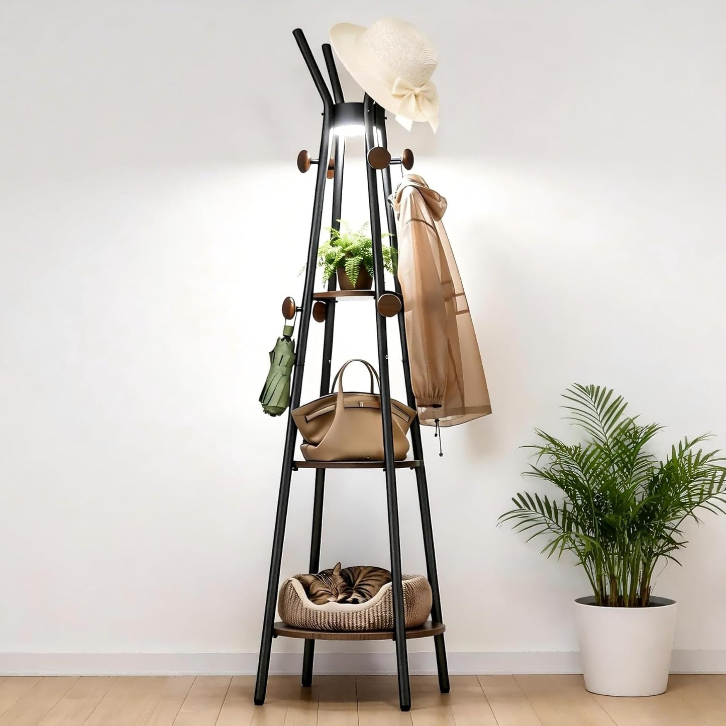 young master Coat Rack, Freestanding Coat Rack with 3 Shelves and 12 Hooks, Coat tree with Motion Sensor Light for Entryway, Livingroom, Hall Tree Free Standing for Coats, Scarves, Handbags, Black