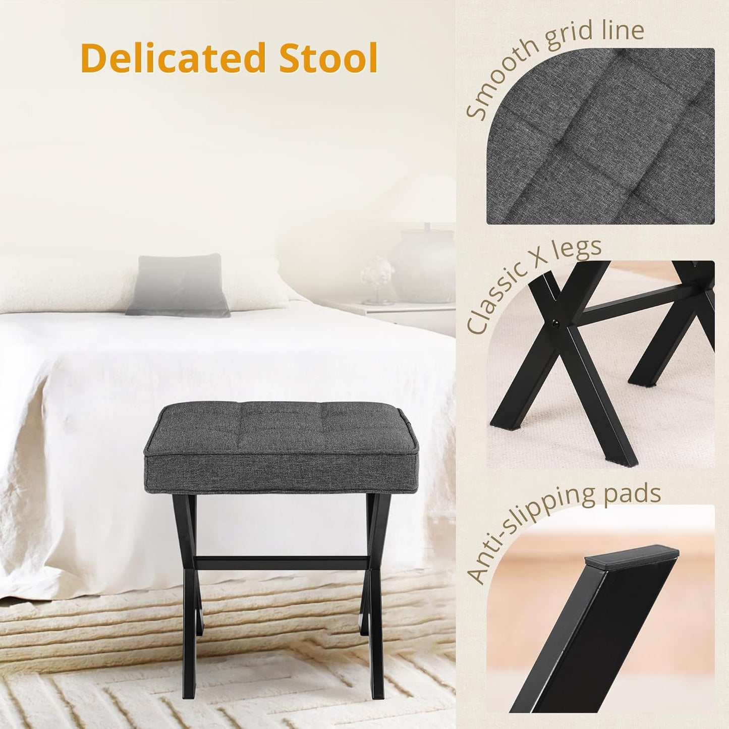 Vanity Stool, Square Linen Makeup Stool with Metal X Legs, Small Ottoman Stool Chair for Vanity, Modern Padded Vanity Seat Foot Rest Stool for Makeup Room, Living Room, Bathroom, Carbon Gray