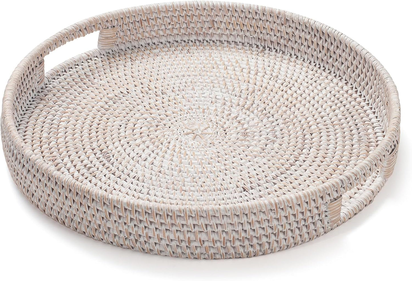 13.8 inch Round Rattan Tray, Decorative Coffee Table Tray, Ottoman Tray, Woven Serving Tray with Handles, Wicker Serving Basket, Whitewash