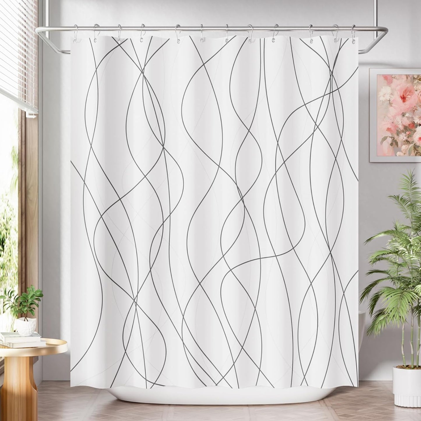 Shower Curtain, Cloth Ombre Black Shower Curtain Set with 12 Hooks, Washable Fabric Black and White Shower Curtain, Rustic Farmhouse Bathroom Shower Curtain, 72x72 Inches