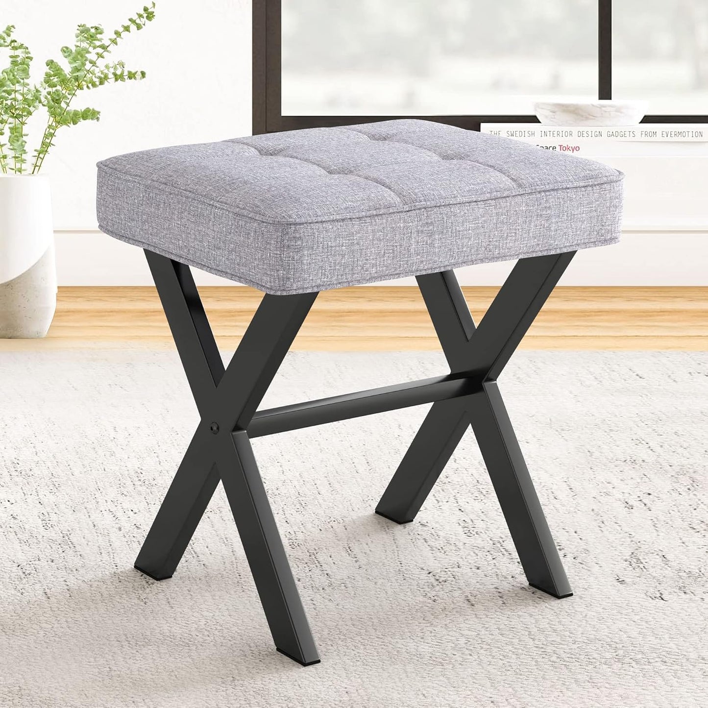 Vanity Stool, Square Linen Makeup Stool with Metal X Legs, Small Ottoman Stool Chair for Vanity, Modern Padded Vanity Seat Foot Rest Stool for Makeup Room, Living Room, Bathroom, Carbon Gray