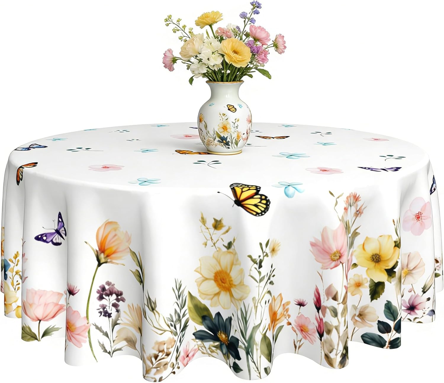 Spring Tablecloth 60 x 60 Inch Round Watercolor Flowers Table Cover Waterproof Wipeable Reusable for Kitchen Restaurant Home Parties Season Decor