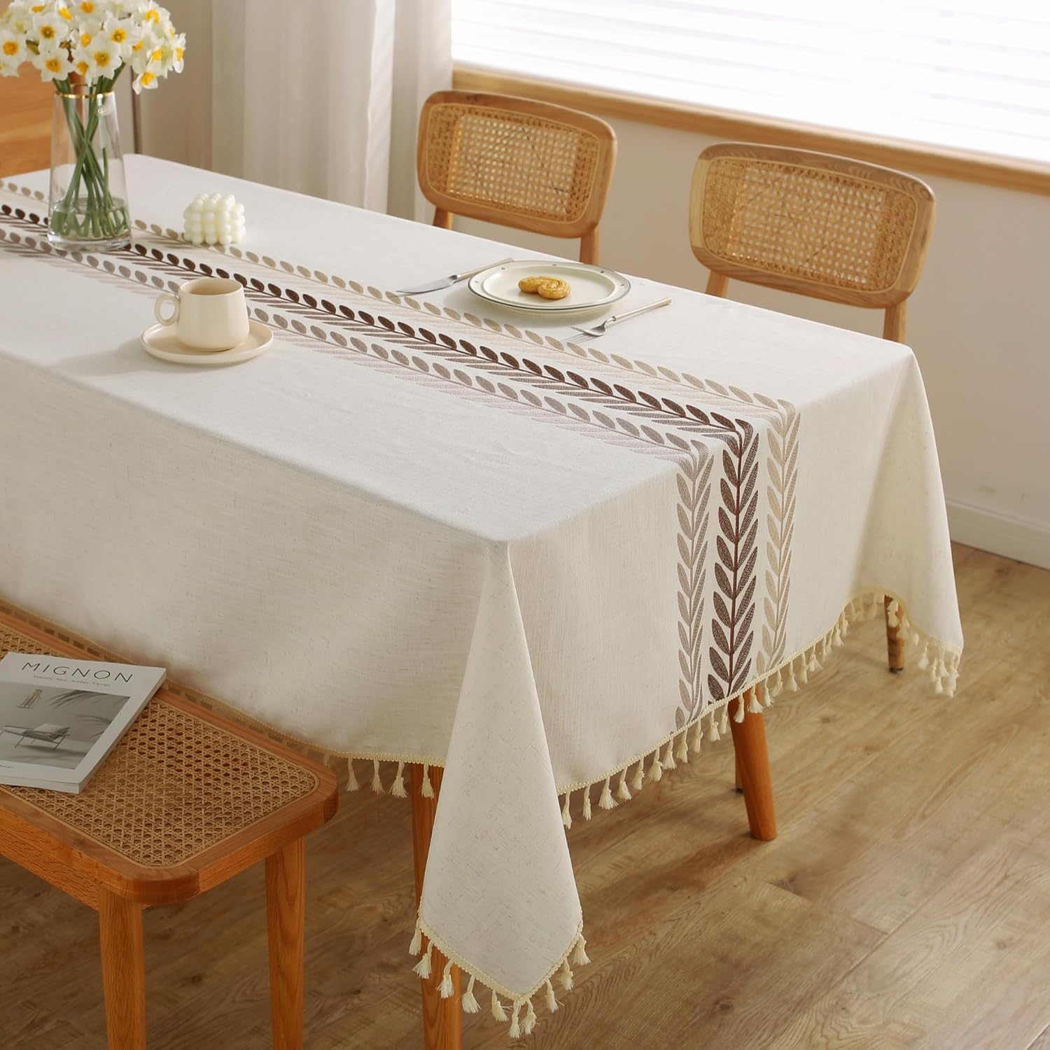 Tablecloths for Rectangle Tables, Cotton Linen Table Cloth Waterproof Tablecloth Wrinkle Free Farmhouse Dining Tables Cover, Soft Fabric Table Cloths with Tassels, Brown, 55" X 70", 4-6 Seats