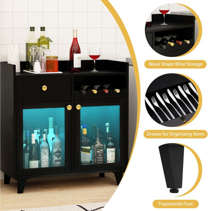 COCO DESIGN Small Wine Cabinet with Glass Doors, Modern Liquor Bar Cabinet with LED Light for Alcohol, Farmhouse Buffet Coffee Sideboard with Storage for Kitchen, Black