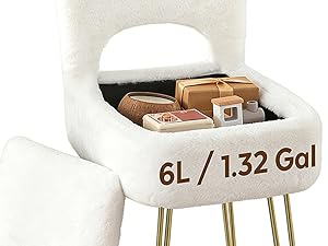 Vanity Chair with Storage and Folding Back, Faux Fur Square Storage Chair, Vanity Stool Chair with 4 Metal Legs for Bedroom, Living Room and Makeup Stations, 13.4"x 15"x 30", White