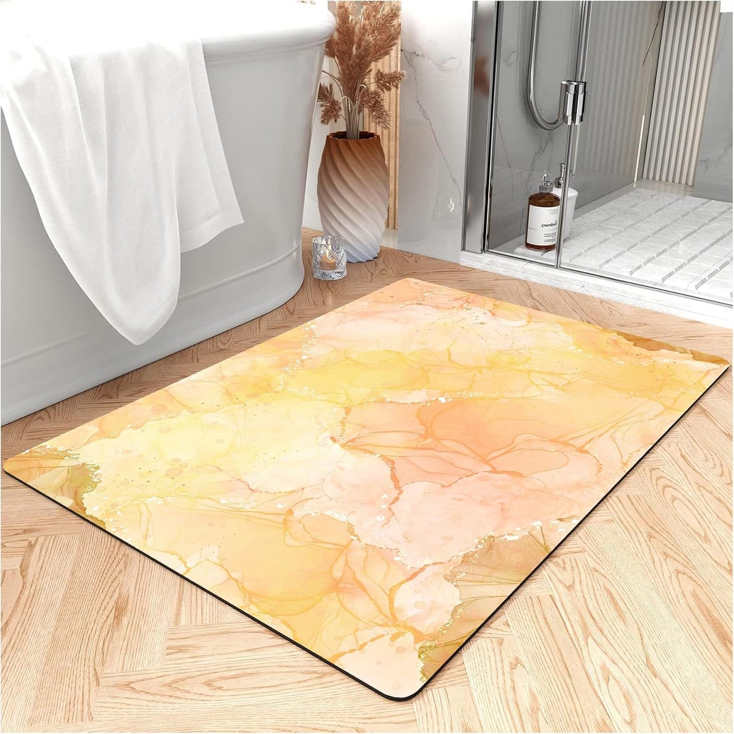 Thin Bath Mat, Diatomaceous Earth Shower Mat Non Slip Instantly Removes Water Drying Fast Bathroom Mat Modern Abstract Wave Marble Texture Easy to Clean (3x5ft/36x60in/90x150cm, Pink)