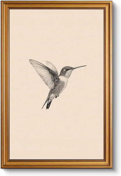 Vintage Gold Framed Wall Art, Sketch Birds Canvas Painting, Cute but Exquisite Wall Decor, No Glass No Glare, Suitable for Bedside Tables, Foyer, Bookshelves,【Hummingbird】-10L x 8W