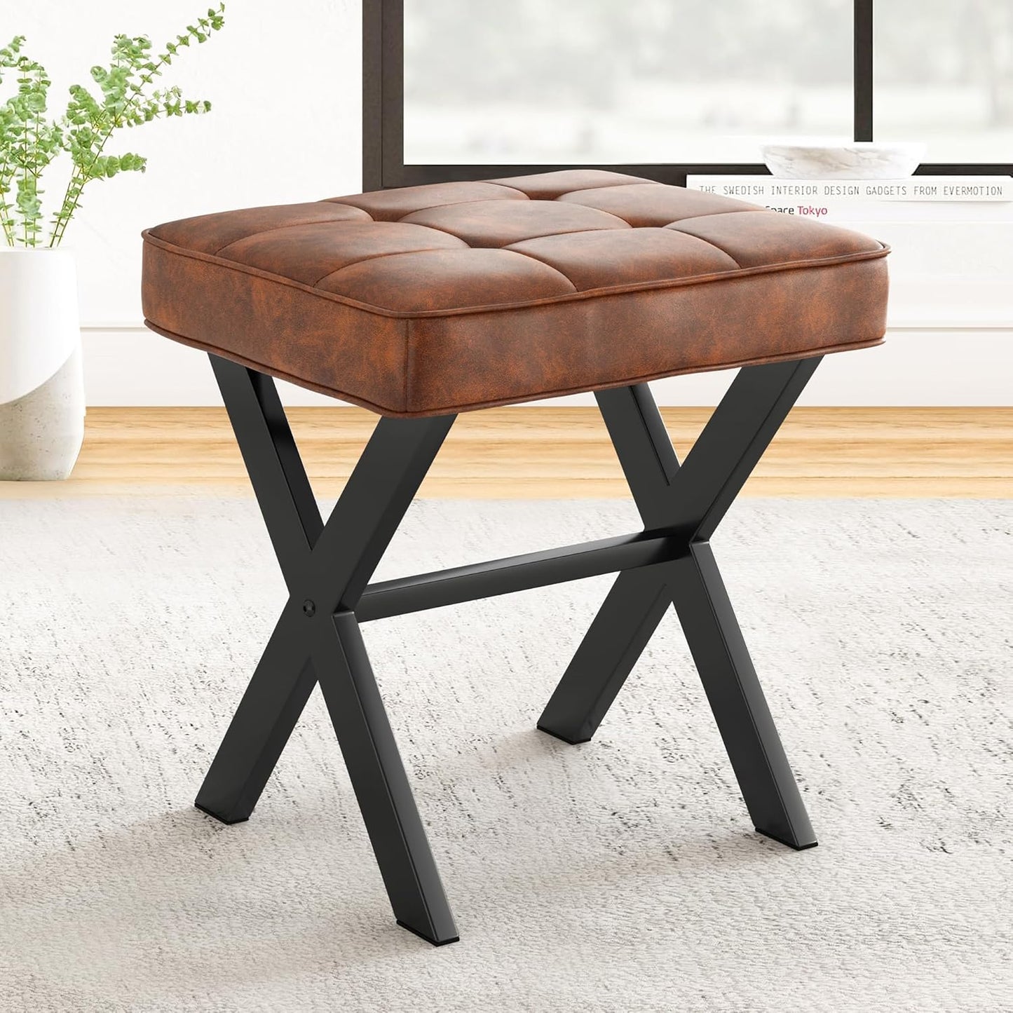 Vanity Stool, Square Linen Makeup Stool with Metal X Legs, Small Ottoman Stool Chair for Vanity, Modern Padded Vanity Seat Foot Rest Stool for Makeup Room, Living Room, Bathroom, Carbon Gray