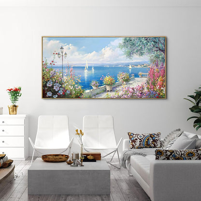 Framed Wall Art for Living Room Decor - Farmhouse Boho Beach Coastal Vintage Floral Ocean Wall Picture Flowers Sea Canvas Print Seascape Artwork for Home Living Room Bedroom Office 24x48