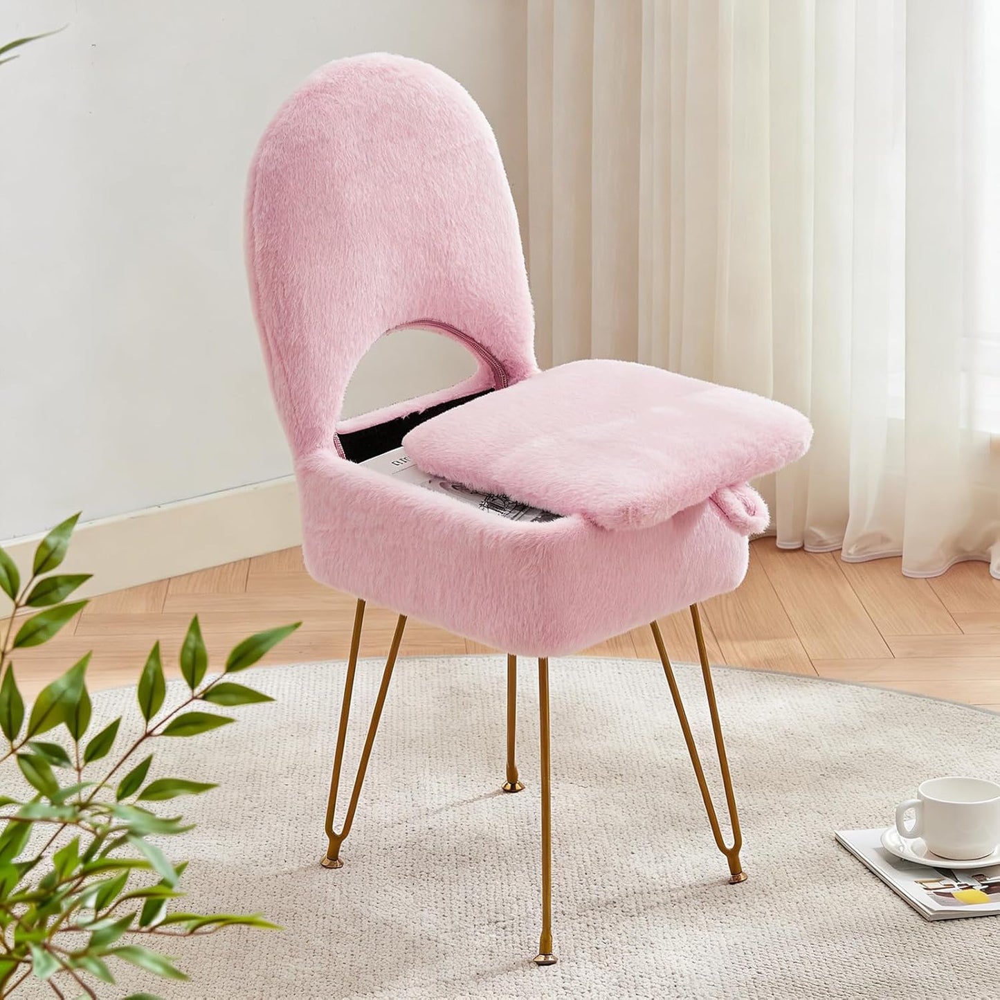 White Vanity Chair with Storage, Folding Back Faux Fur Vanity Stool, Makeup Ottoman with Gold Legs for Bedroom/Bathroom