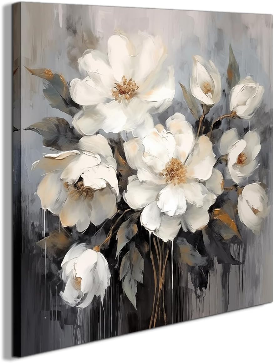 Bathroom Canvas Wall Art, Bathroom Wall Decor,Living Room, Bedroom,Office,Small Gray and White Blue Flower Wall Decoration, 12x12 inches
