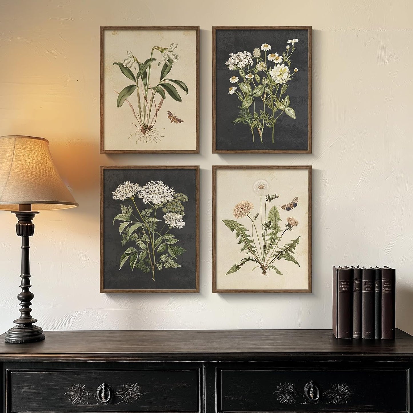 Framed Vintage Botanical Wall Art Bedroom, 4 Piece Rustic Farmhouse Floral Canvas Prints Artwork, Neutral Flower Butterfly Pictures for Modern Farmhouse Living Room Kitchen Bathroom Wall Decor, 11x14